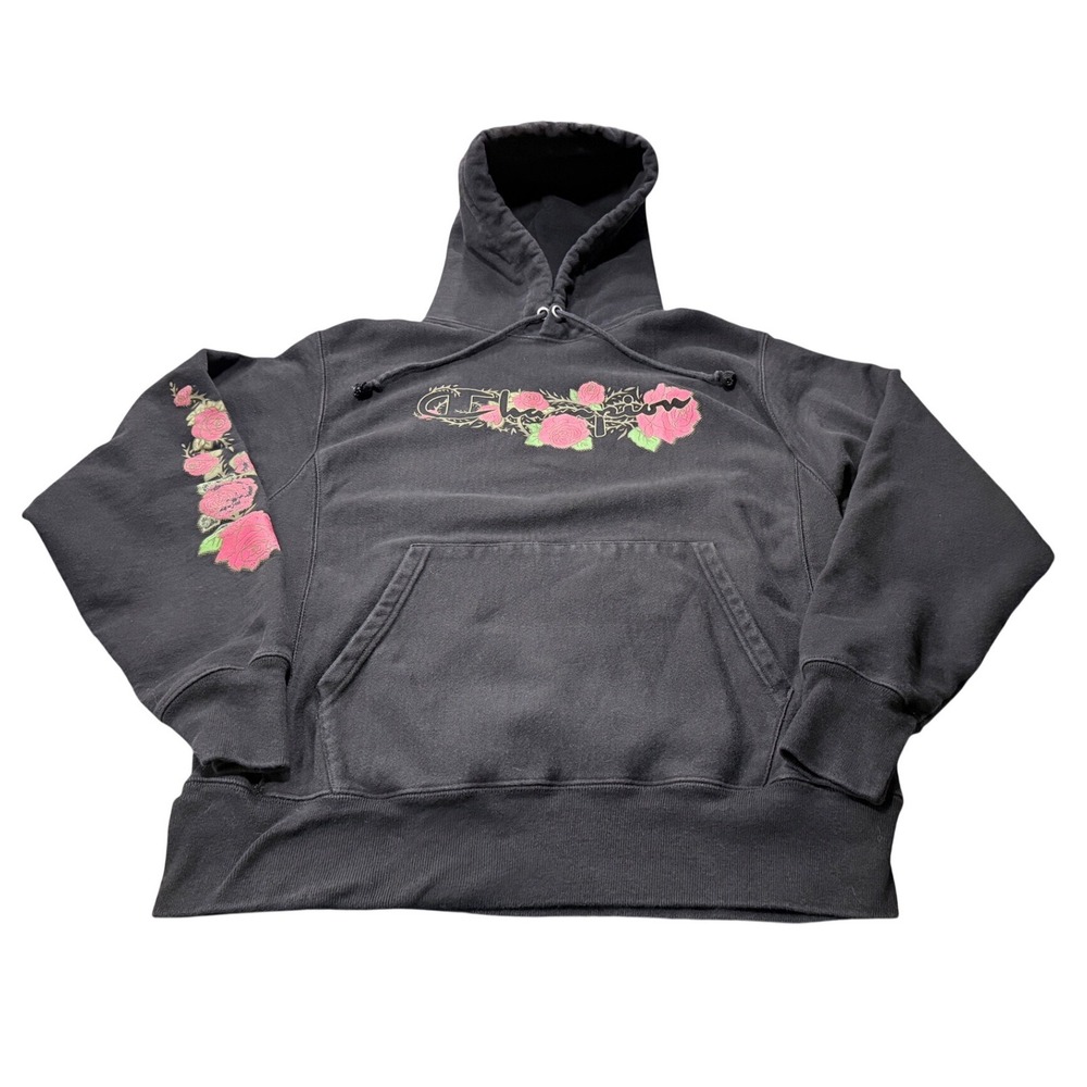 Y2K Champion Reverse Weave Hoodie Sweatshirt Rose Floral Print Black‎ Medium